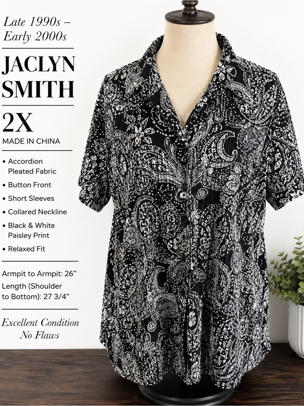 Vintage Y2K Jaclyn Smith 2X Pleated Paisley Button Front Blouse
